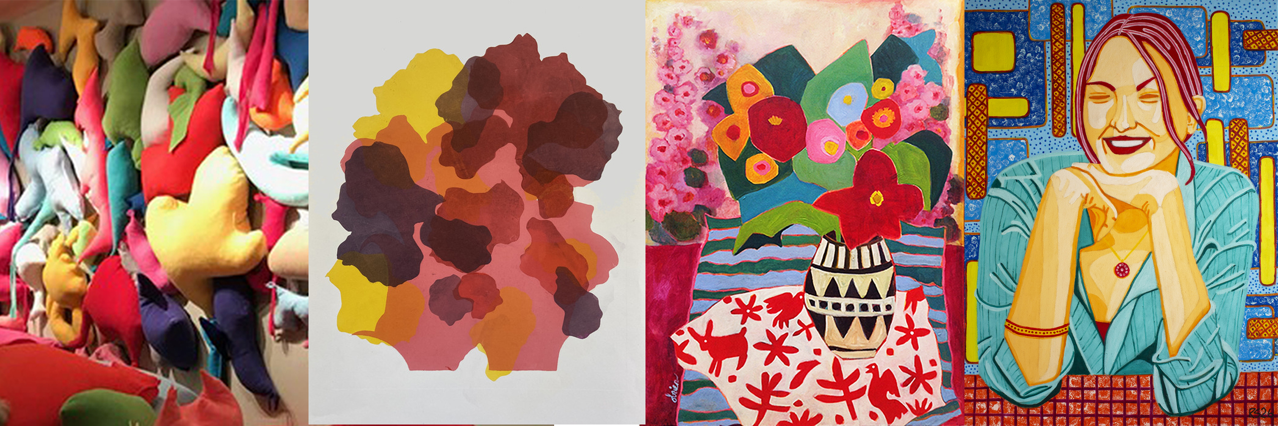 4 artworks from artists in the exhibit. left image is a wall of colored pillows, image 2 an abstract artwork image 3 is a vase of flowers. image 4 is a portrait of a woman talking and laughing, smiling.