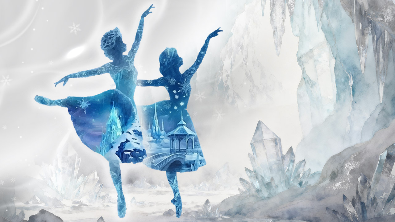 Two dancers posed in front of ice crystals and snow