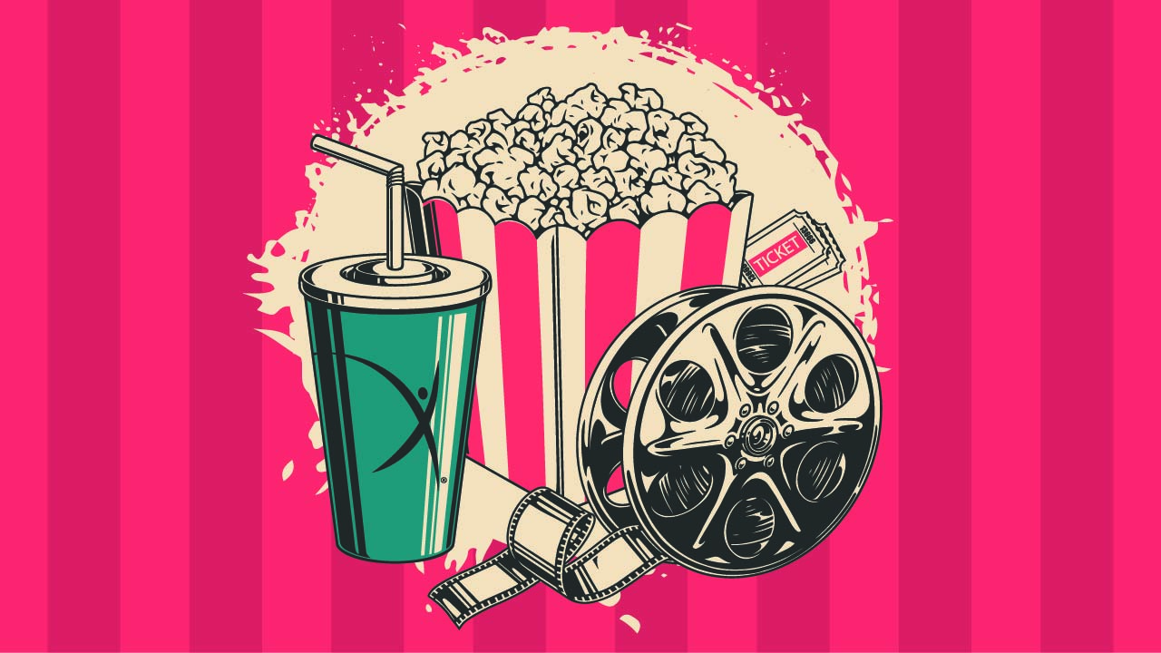 Cartoon box of popcorn, soda and an old movie reel.