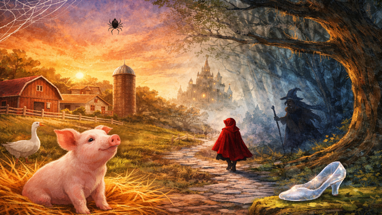 Illustration showing two contrasting worlds of a farm at sunset with a small piglet near a wooden fence and a spider web glowing in soft light. On the other side, an enchanted forest under moonlight shows a young figure in a red cloak walking along a winding path.