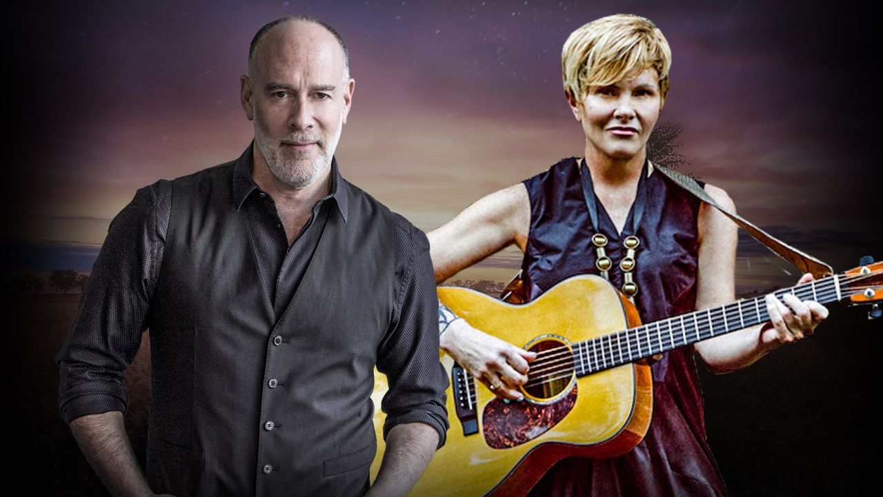 Image cut-outs of Marc Cohn and Shawn Colvin on a starry night background