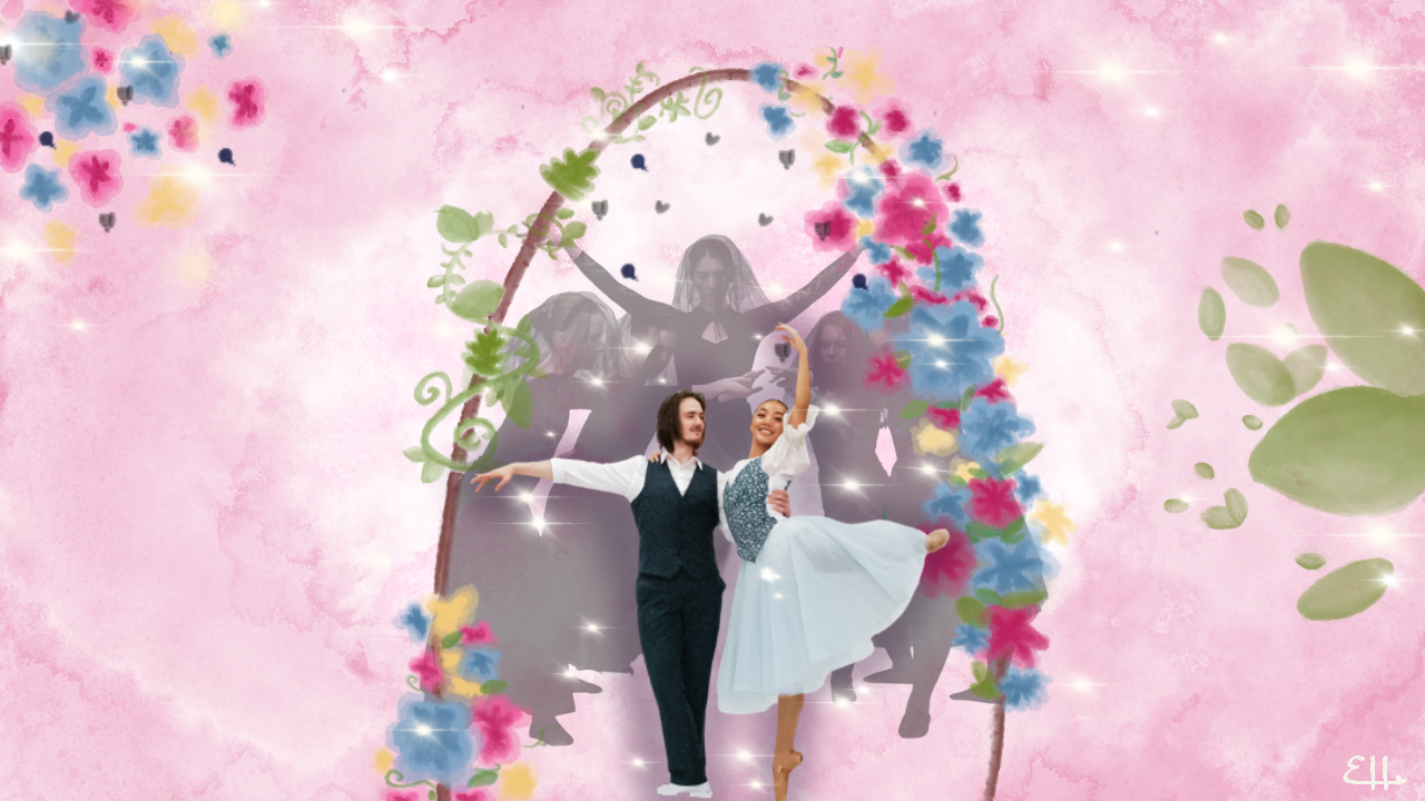 Male and female ballet dancers pose under an arch of flowers with a shadow of dancers dressed in black behind them.
