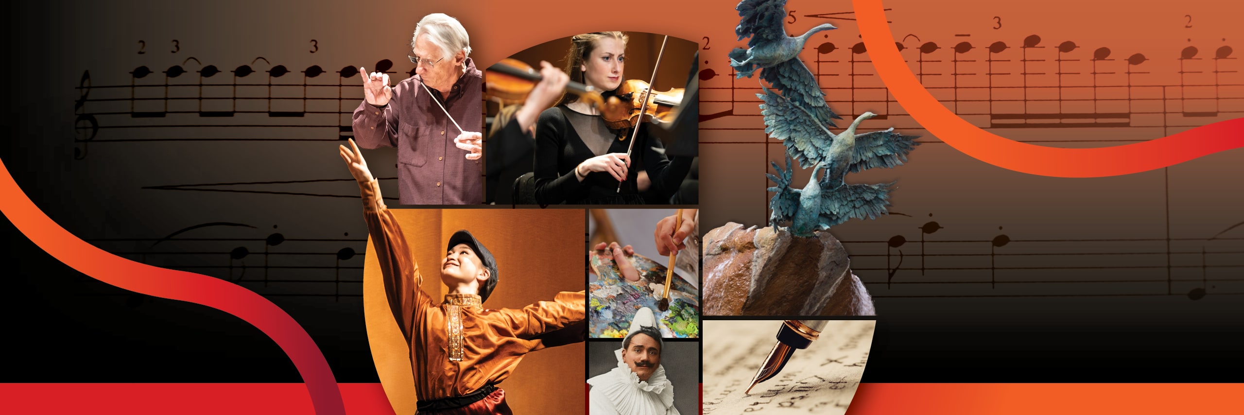 A collage of images represents the Fort Collins Symphony 26-27 Season of Artistic Splendor. Images include Director Wes Kenney, a ballet dancer, a violinist playing in the orchestra, a pen writing on parchment, and a sculpture.