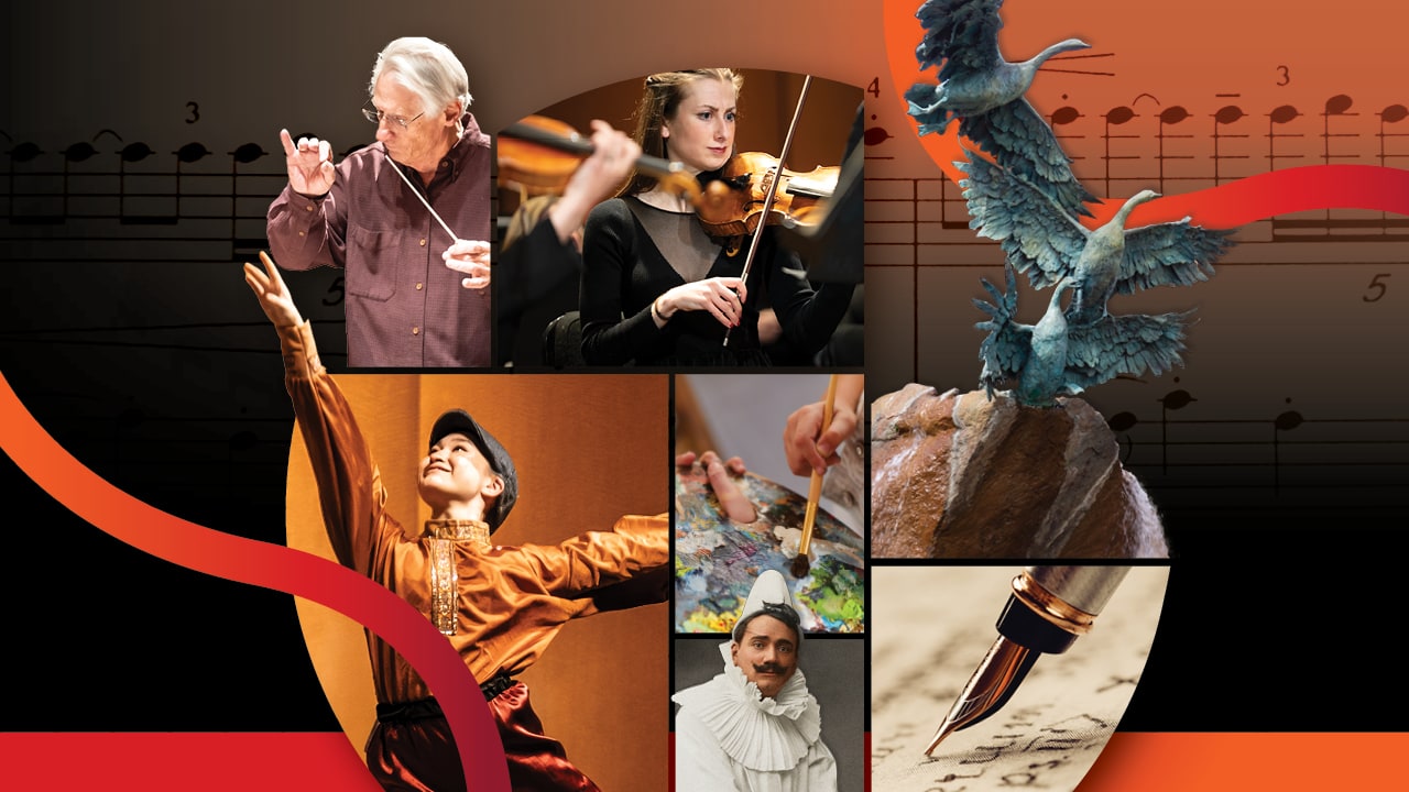 A collage of images represents the Fort Collins Symphony 26-27 Season of Artistic Splendor. Images include Director Wes Kenney, a ballet dancer, a violinist playing in the orchestra, a pen writing on parchment, and a sculpture.