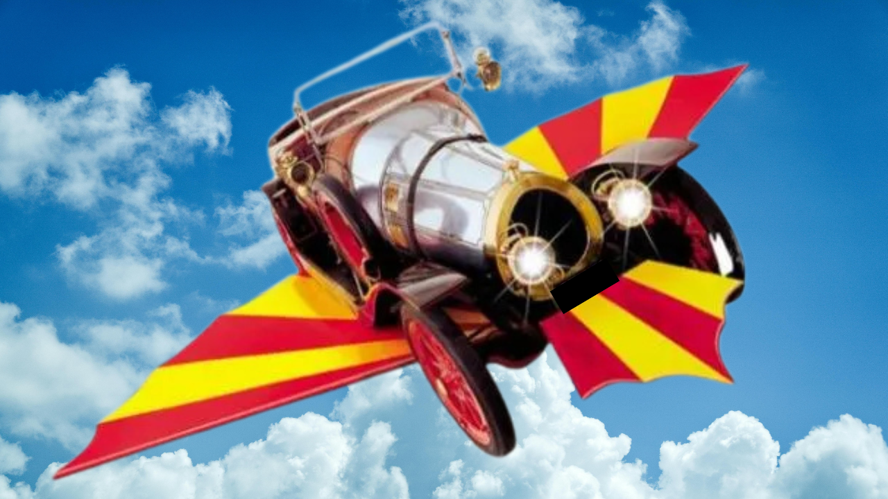 An Edwardian style car with red and yellow striped wings flies through a blue sky with wispy white clouds in the background.