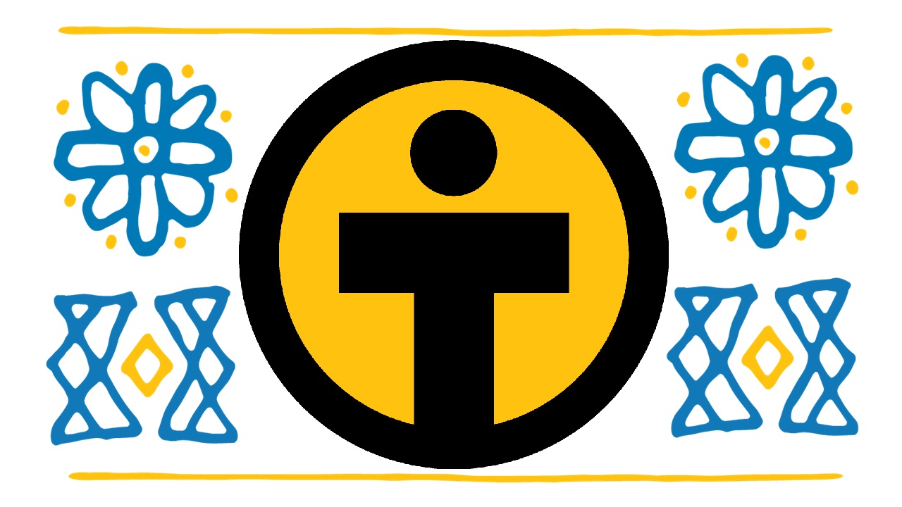 A yellow and black logo is surrounded by blue and yellow abstract patterns