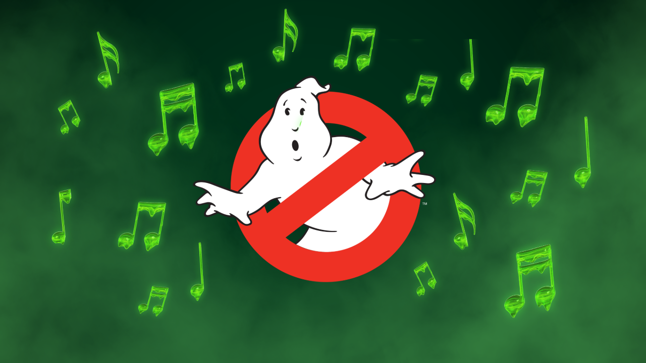 The Ghostbusters logo with green slimy music notes around it on a dark green background