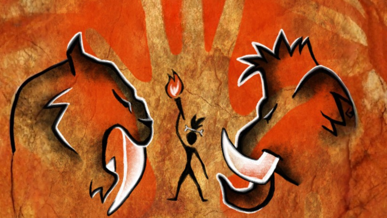A stone age woman holding a torch, flanked on either side by a Sabre-Toothed Cat and a Mammoth.