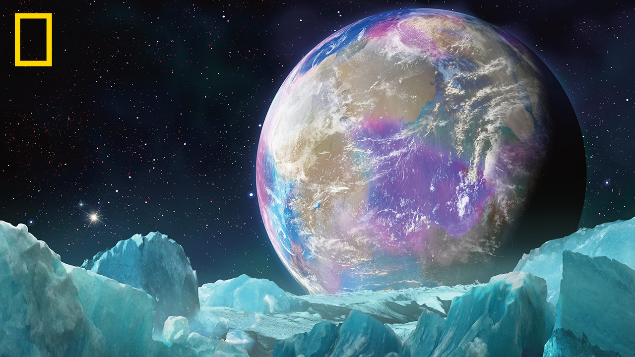 The image depicts a view from the icy surface of Jupiter's moon, Europa, looking out at Earth.