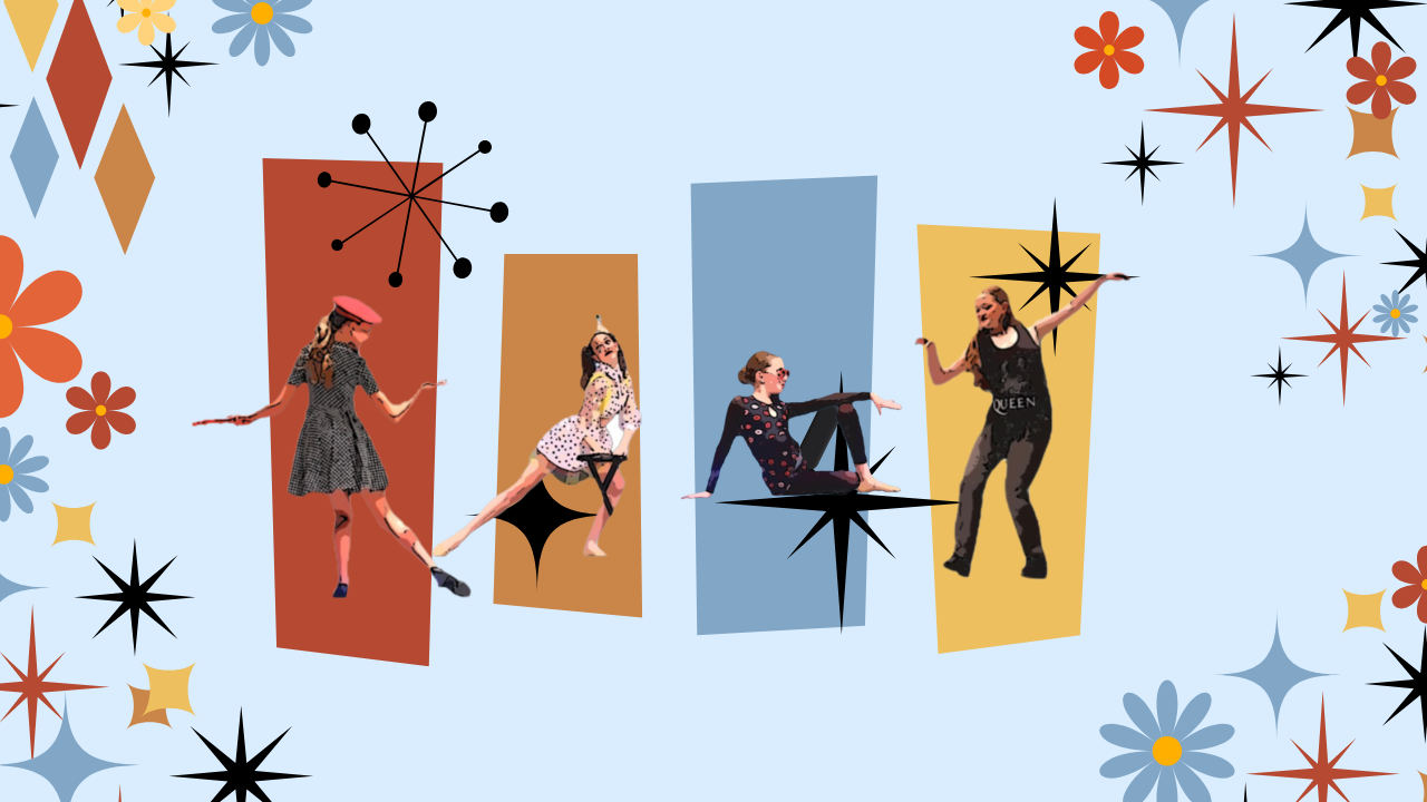 Colorful retro background with 4 ballet dancers in the background