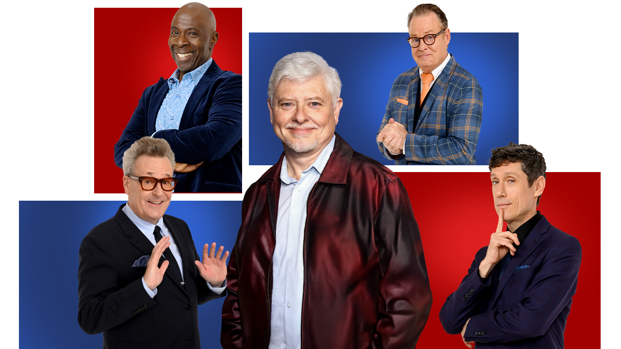 Collage of the member of Whose Live Anyway with red and blue rectangles