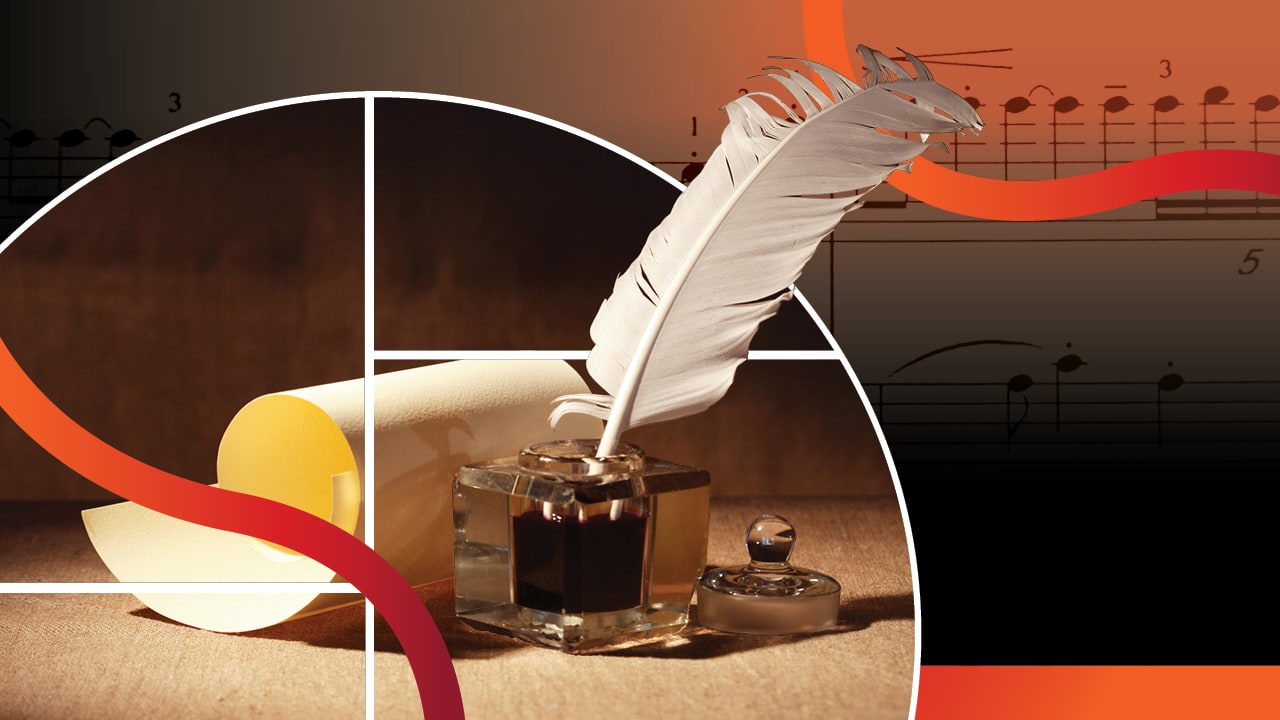 A white feather quill sits in a pot of ink next to a sheet of blank parchment