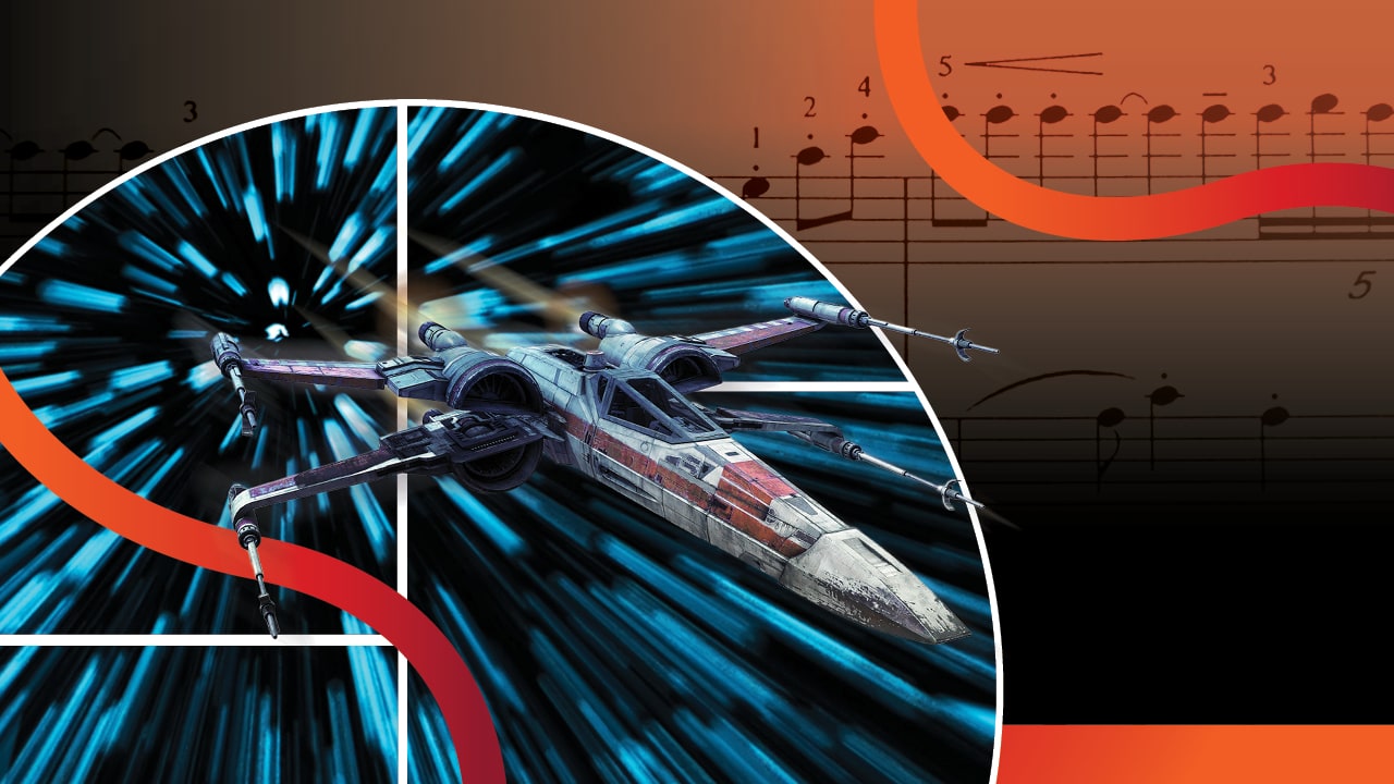 A spaceship speeds through space