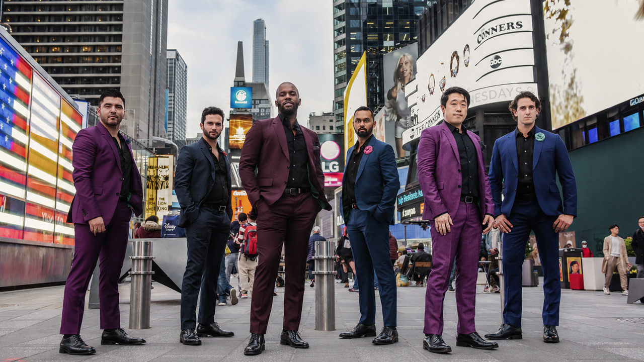Image of the Broadway Boys in suits standing in Times Square