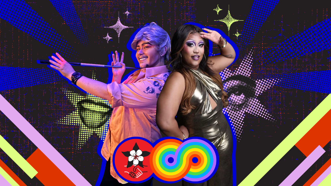 Two Drag performers pose back to back, one saluting while the other holds a club against a dark background contrasted by glitchy punk lines and starbursts with halftone highlights.