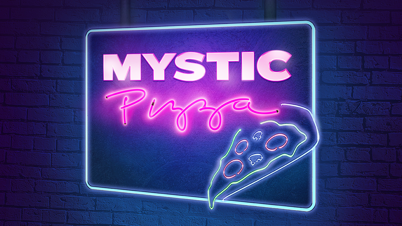 A neon sign with words Mystic Pizza and a slice of pizza