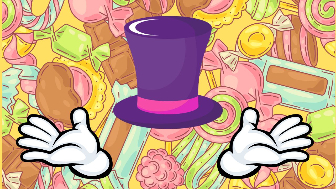 The image shows a purple top hat and open white gloved hands in a welcome gesture on a background of multicolored wrapped candy and sweets.
