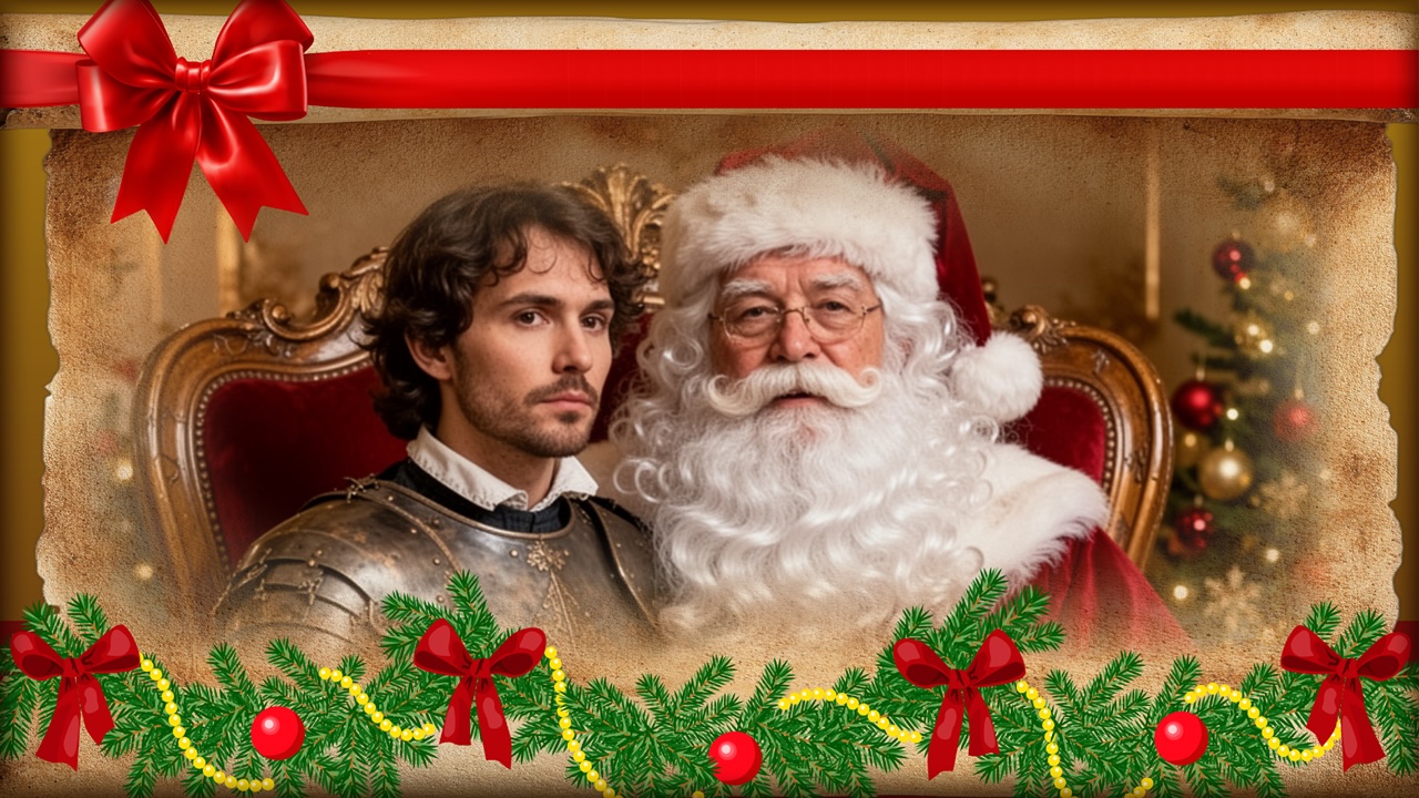 Hamlet sits on Santa's lap amid Christmas decorations