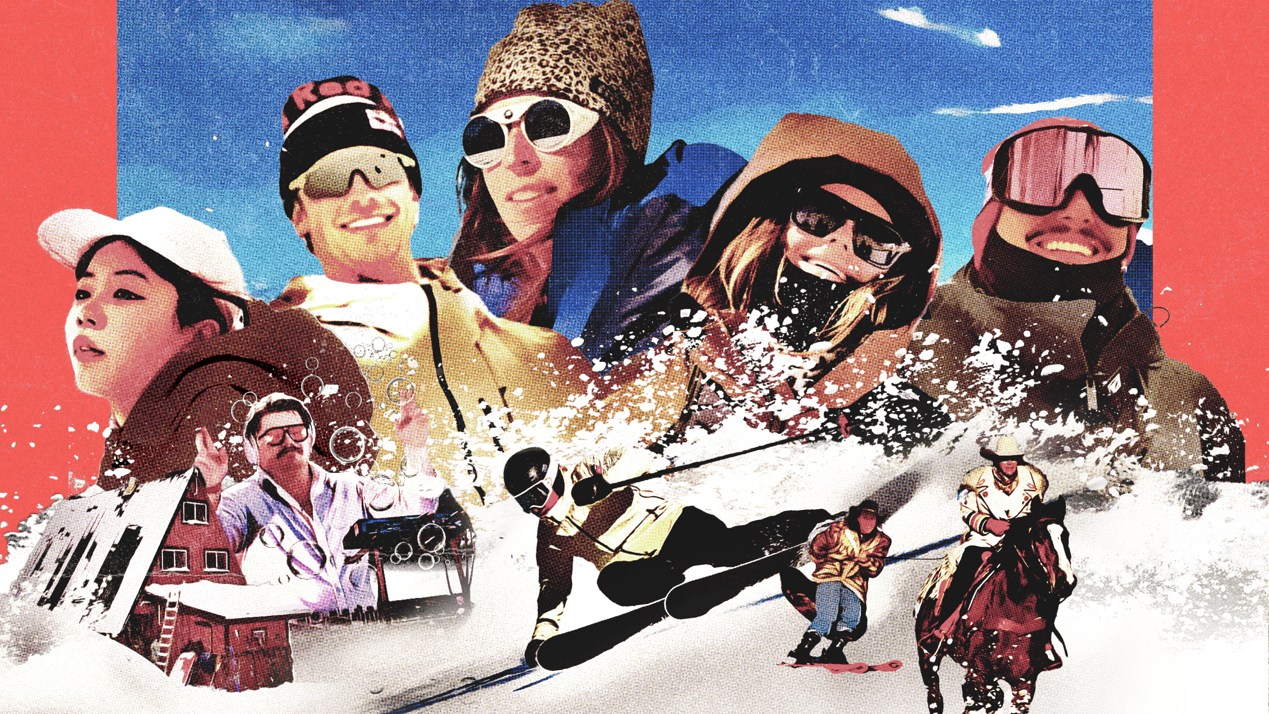 Vintage looking collage of skiers in ski gear, a horse pulling a skier, and a ski lodge.