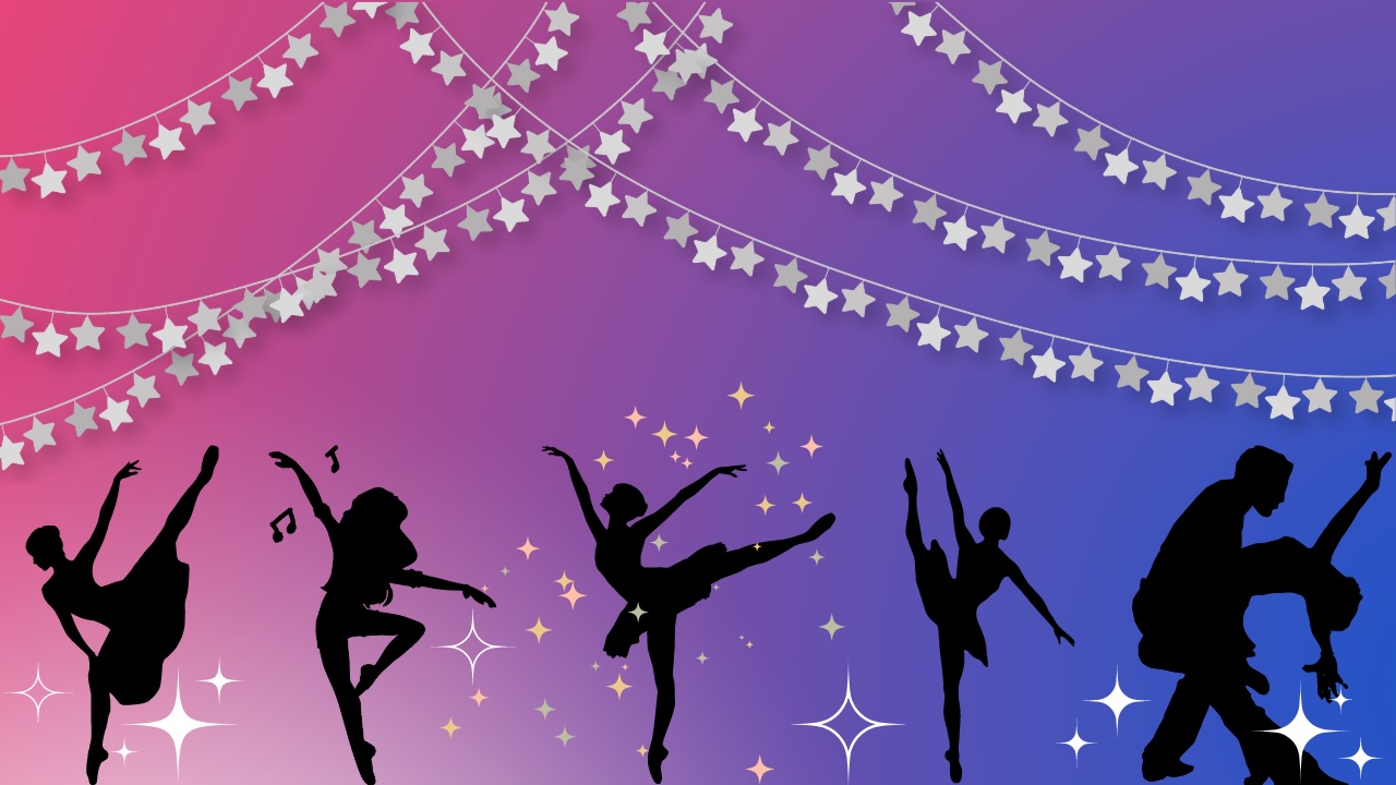 A vibrant group of ballet, jazz, and lyrical dancers set against a whimsical background of colorful swirls and glowing stars.