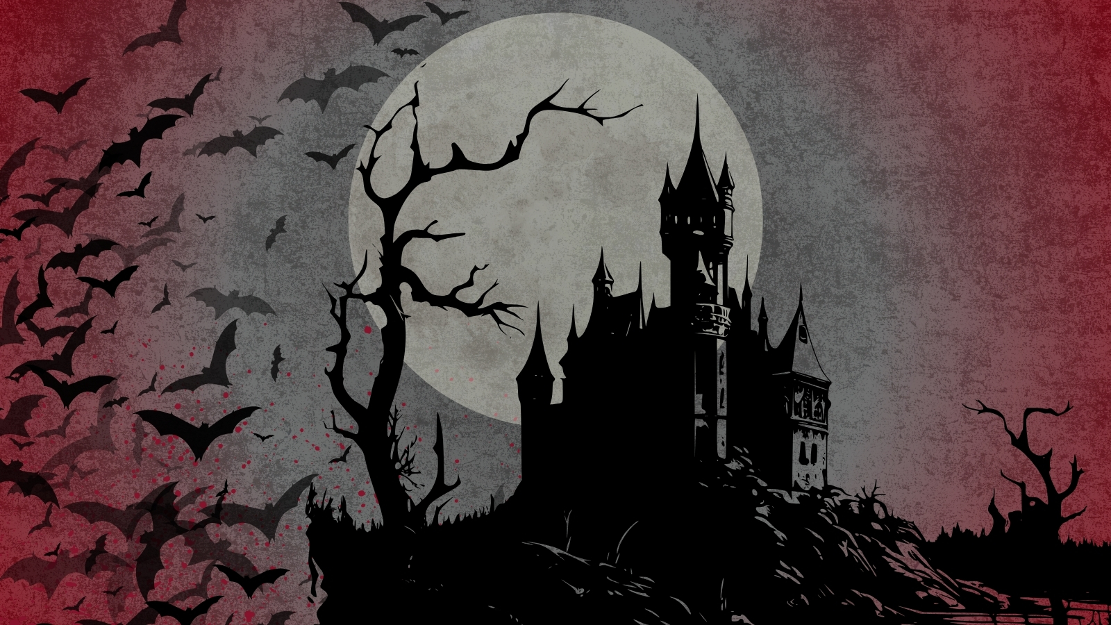 Silhouette of a spooky castle and bare trees against a large full moon, surrounded by flying bats on a textured red and gray background.