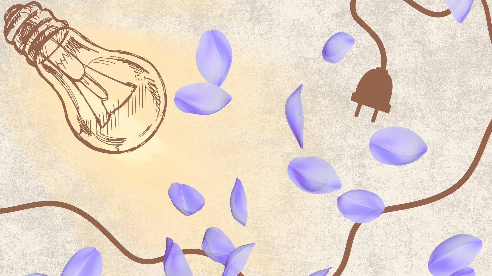 Illustration of a glowing light bulb and electrical cord surrounded by floating purple flower petals on a textured cream background.
