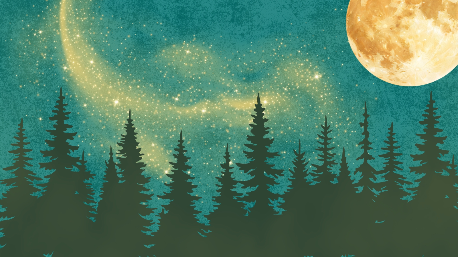 Silhouetted evergreen forest beneath a glowing golden moon and star-filled teal night sky.