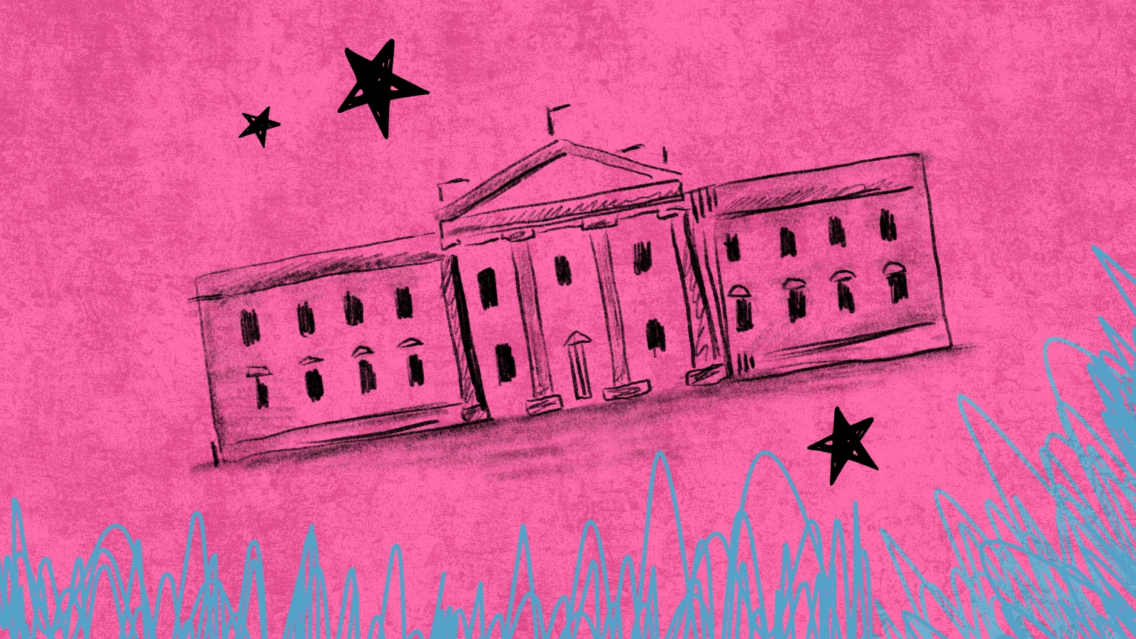 Hand-drawn illustration of the White House building on a bright pink background, accented with black stars and blue scribbled lines.