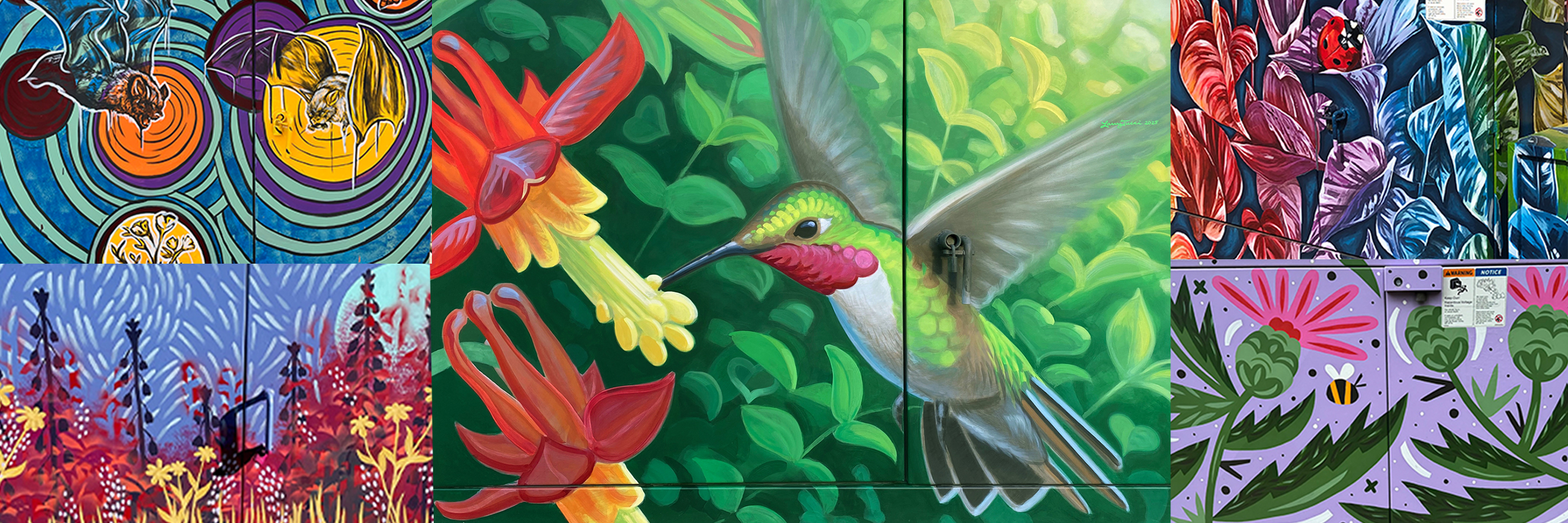 A collage of 5 different murals. Artists listed clockwise top right Dominique Montano, Larry Tucci, Chelsey Ermer, Noelle Miller.