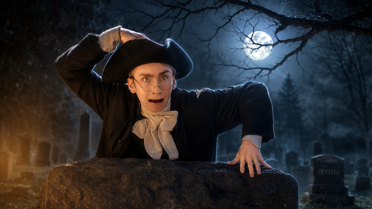 A young actor in old fashioned clothing looks scared in a graveyard