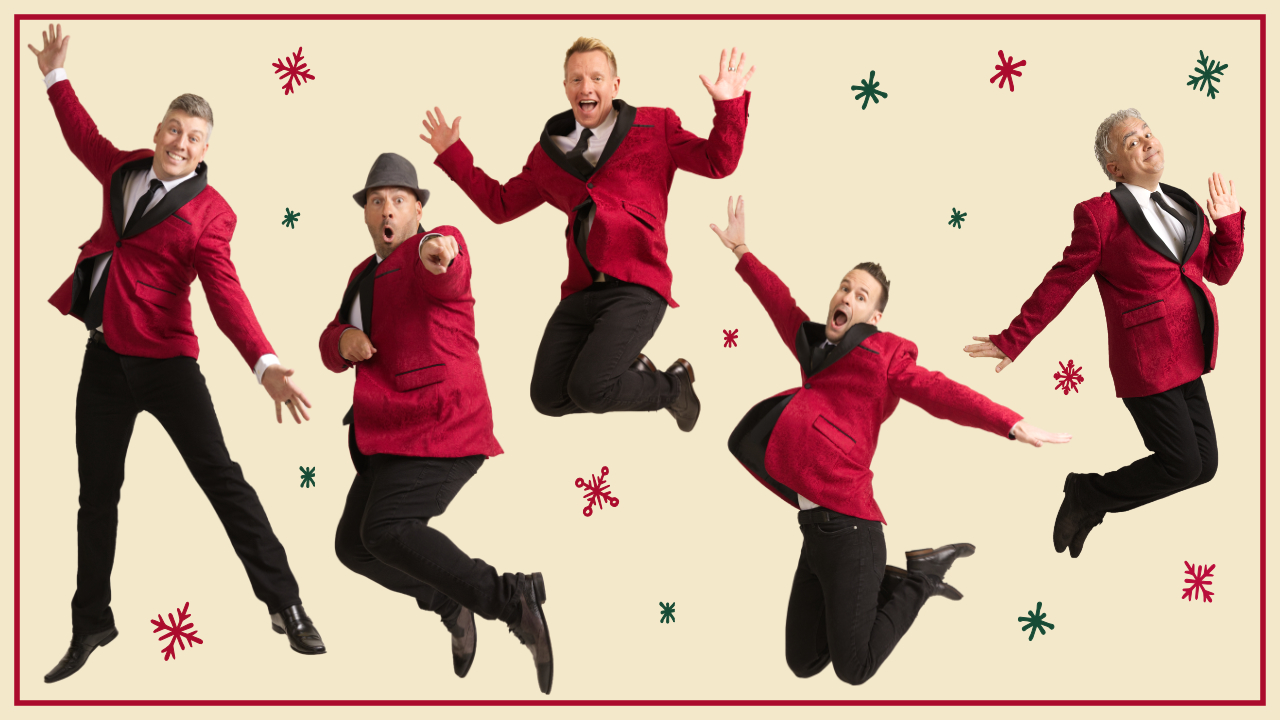 Five singers in festive holiday attire jumping for joy