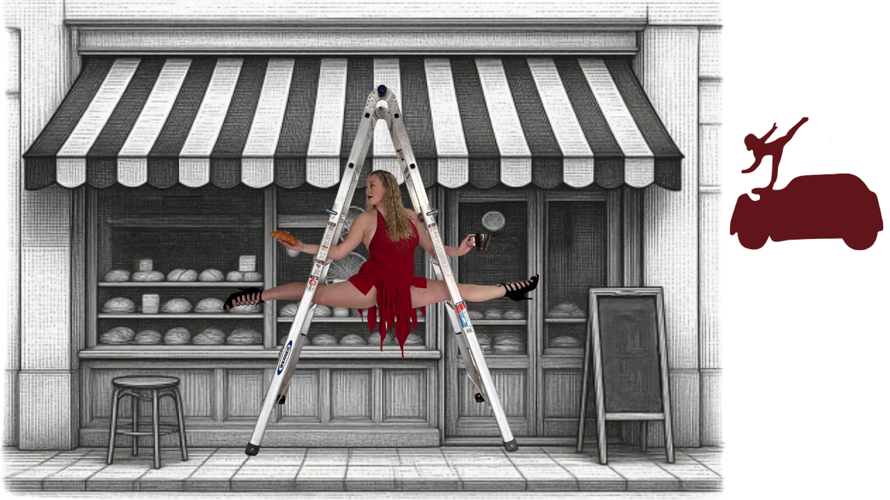 Woman in a red dress performs a split on a stepladder in front of an illustrated bakery, holding bread and a mug; a dark red silhouette of a person balancing on a car appears at right.