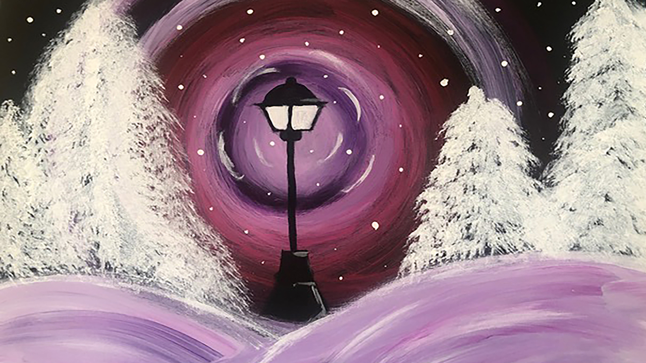 A red, and purple night sky with sparkling stars above a snowy ground with a single street lamp in the center and on each side stand snow-covered trees.
