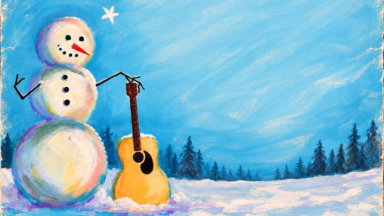 A smiling snowman holds a guitar in a snowy forest