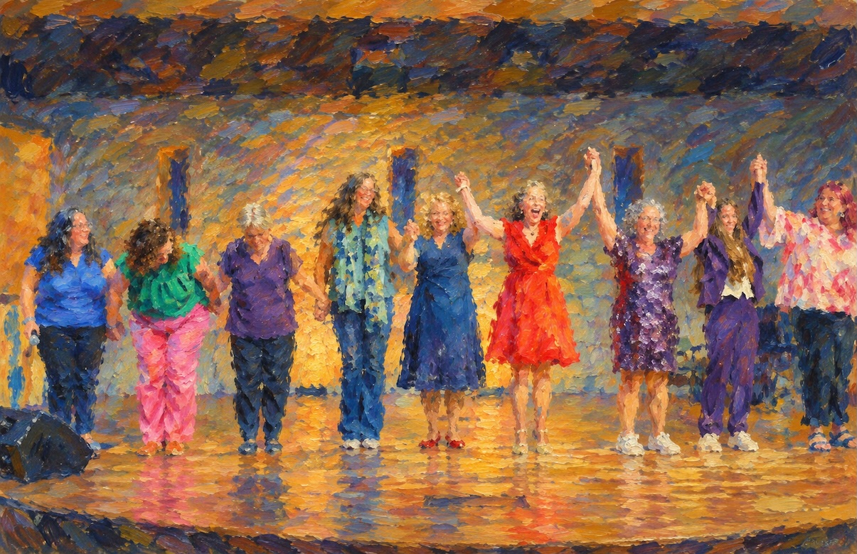A colorful group of women take a bow on stage