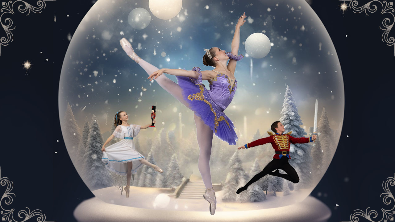 Three ballet dancers inside of a snow globe mid dance. One in a purple dress, one in a white dress, and one in a nutcracker costume.